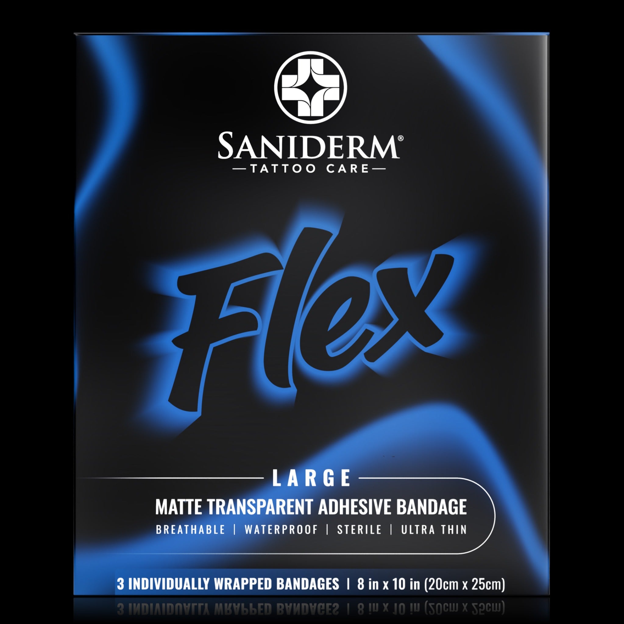 Saniderm Tattoo Care Flex Large Matte Transparent Adhesive Bandage packaging, featuring a black background with blue glowing accents and white text.