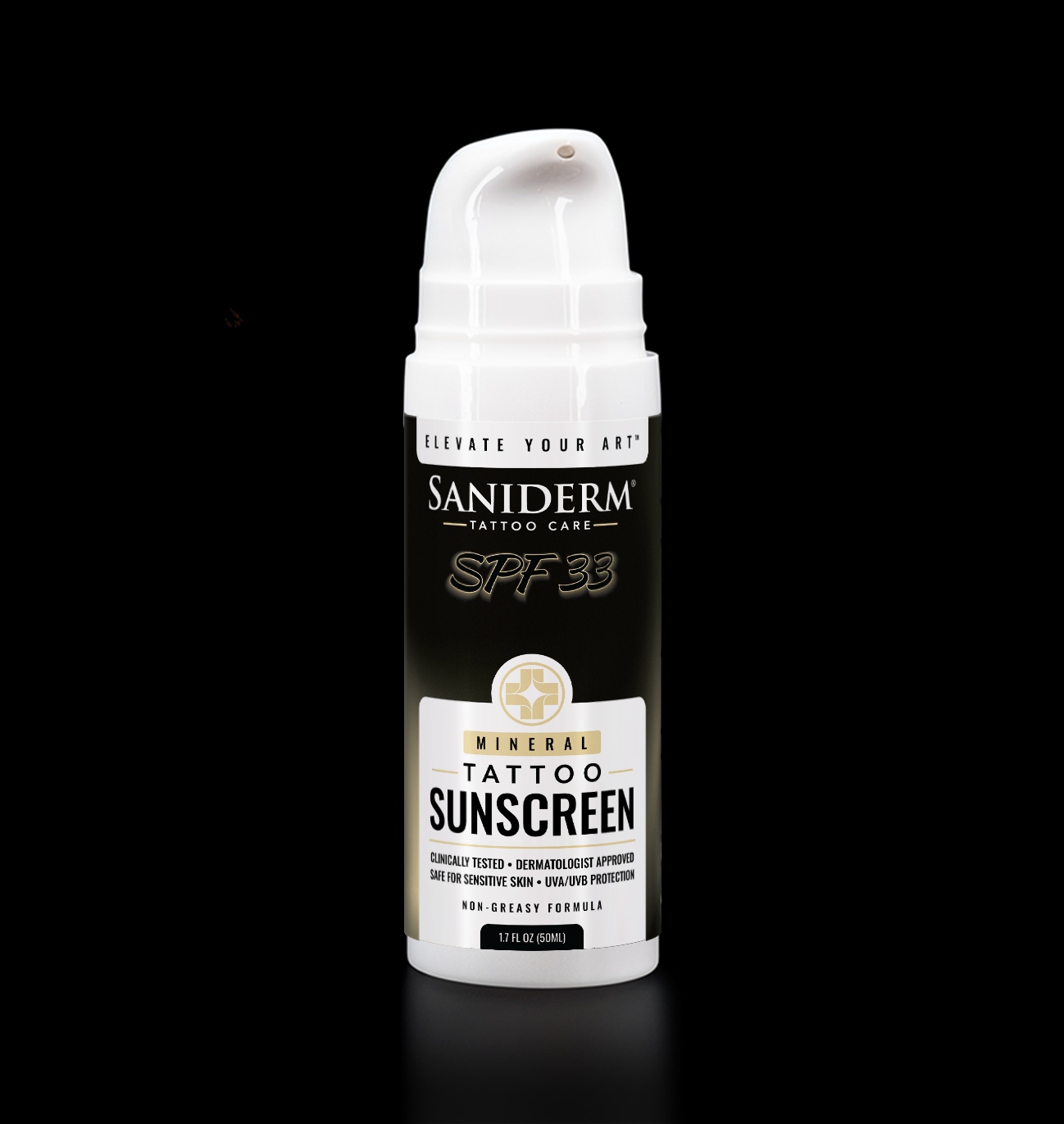 Saniderm Tattoo Sunscreen SPF 33 bottle on a black background