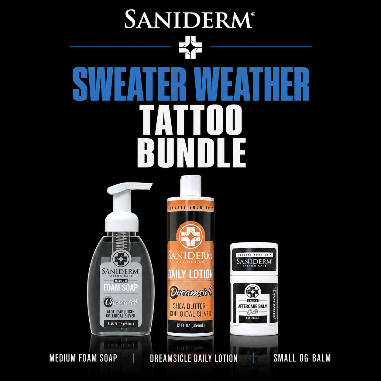Saniderm Sweater Weather Tattoo Bundle featuring a pump bottle of foam soap, a daily lotion bottle, and a small balm stick on a black background with product names and sizes at the bottom.