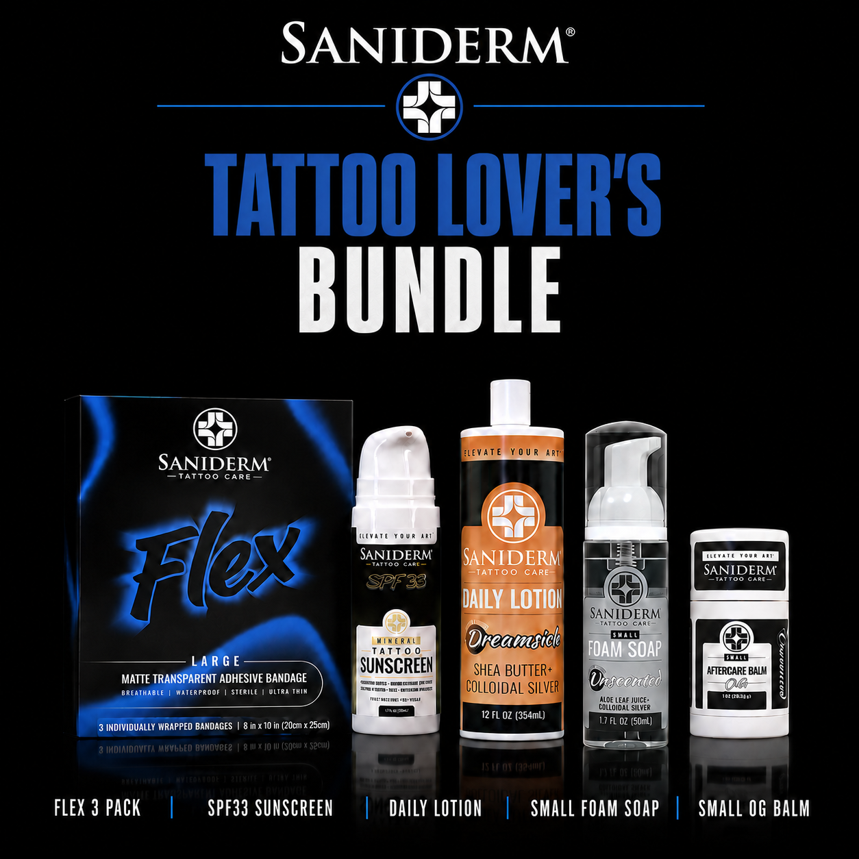 Saniderm Tattoo Lover's Bundle featuring a Flex Large adhesive bandage pack, SPF33 Tattoo sunscreen, Tattoo Foam Soap, and a Small OG Tattoo Balm, displayed on a black background with blue and white text.