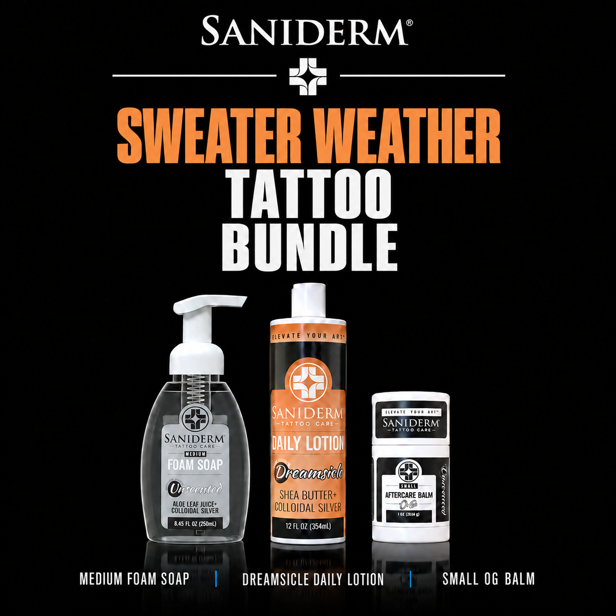 Sweater Weather Tattoo Bundle with orange lettering, Foam Soap, Dreamsicle Daily Lotion and Original Balm